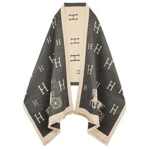 #03 Anthro Kerri Horse Poncho Scarf  Charcoal Grey & Cream